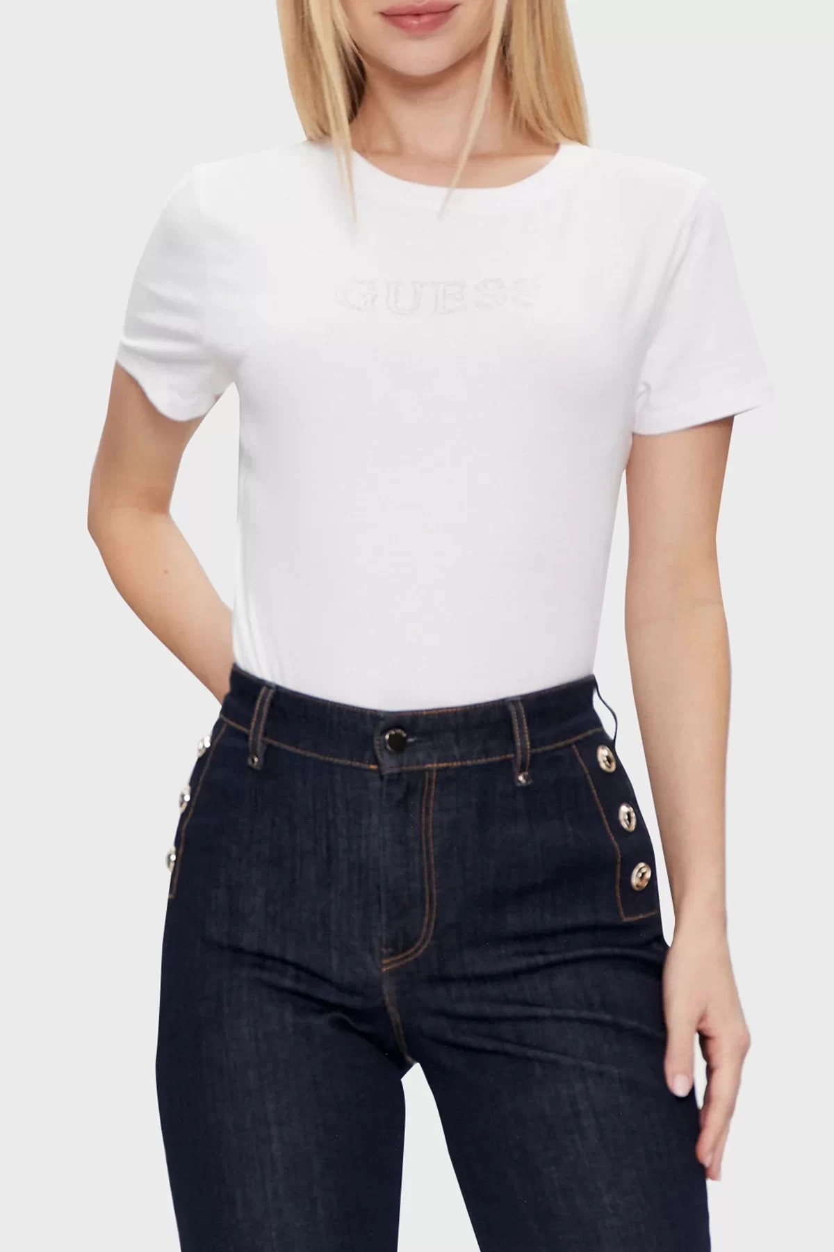 Guess Skylar Streç Pamuklu Slim Fit Kadın Beyaz T-shirt V4GI09J1314-G011