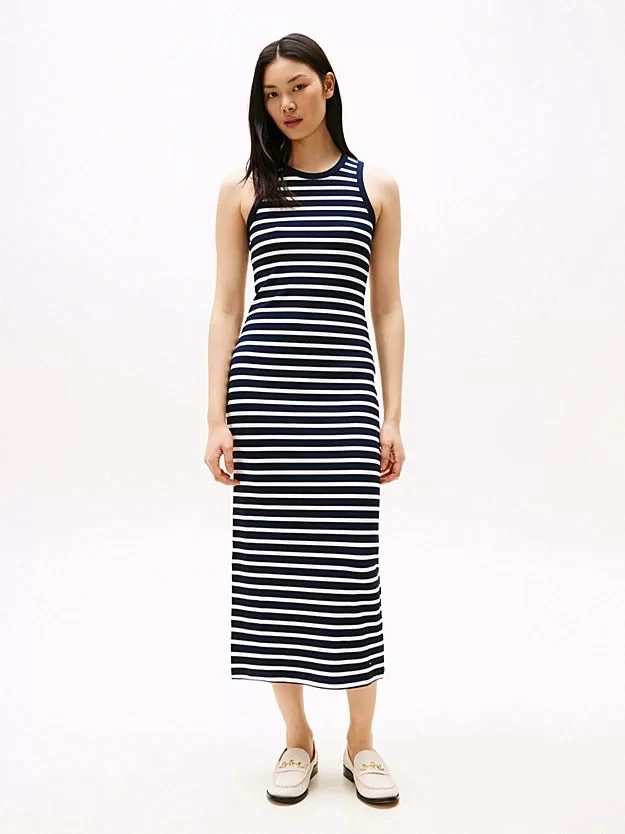 Tommy Hilfiger Kadın Lacivert Slim Fit Ribana Midi Elbise