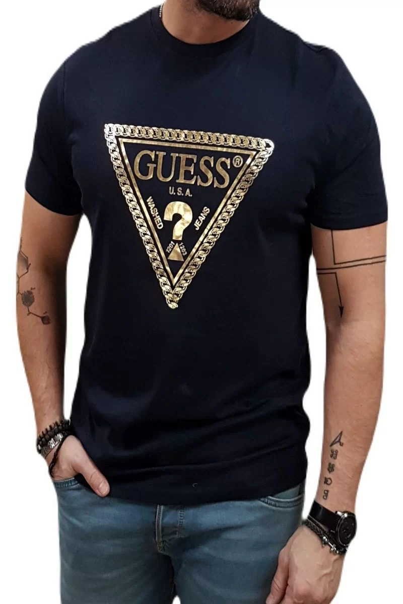Guess Ss Bsc Chaın Trı Logo Tee Erkek Lacivert T-Shirt M5RI49K9RM1-G7V2