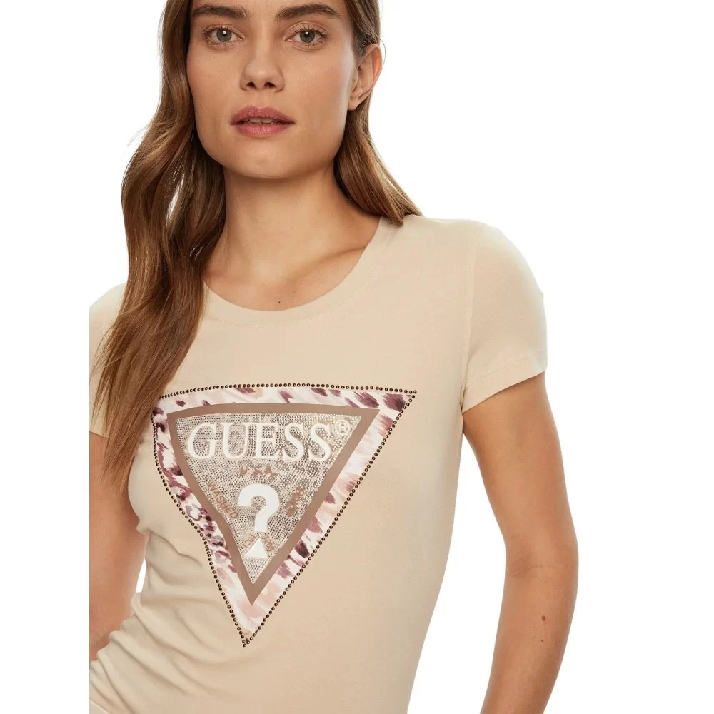 Guess Ss Cn Cheeta Logo Trıangle Tee Kadın Kahverengi T-Shirt W5RI22J1314-G1M5