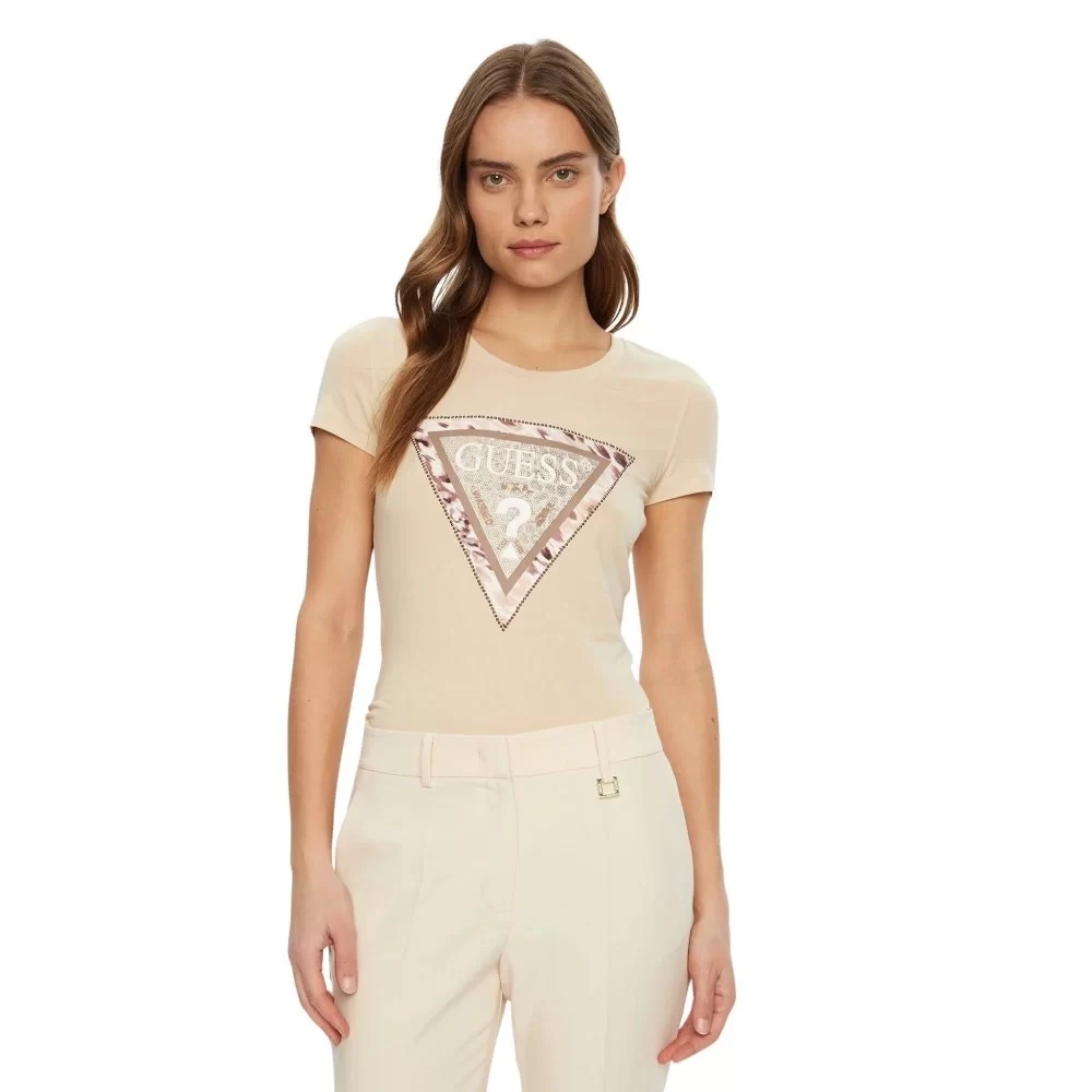 Guess Ss Cn Cheeta Logo Trıangle Tee Kadın Kahverengi T-Shirt W5RI22J1314-G1M5