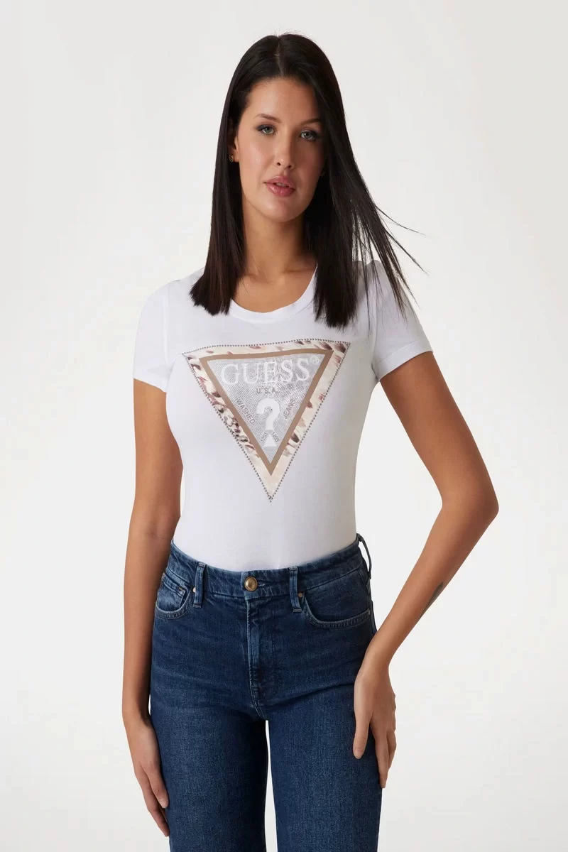 Guess Ss Cn Cheeta Logo Trıangle Tee Kadın Beyaz T-Shirt W5RI22J1314-G011