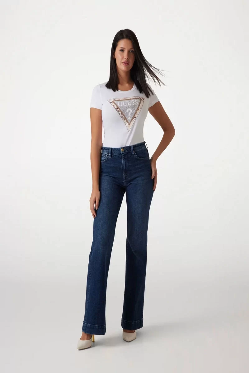 Guess Ss Cn Cheeta Logo Trıangle Tee Kadın Beyaz T-Shirt W5RI22J1314-G011