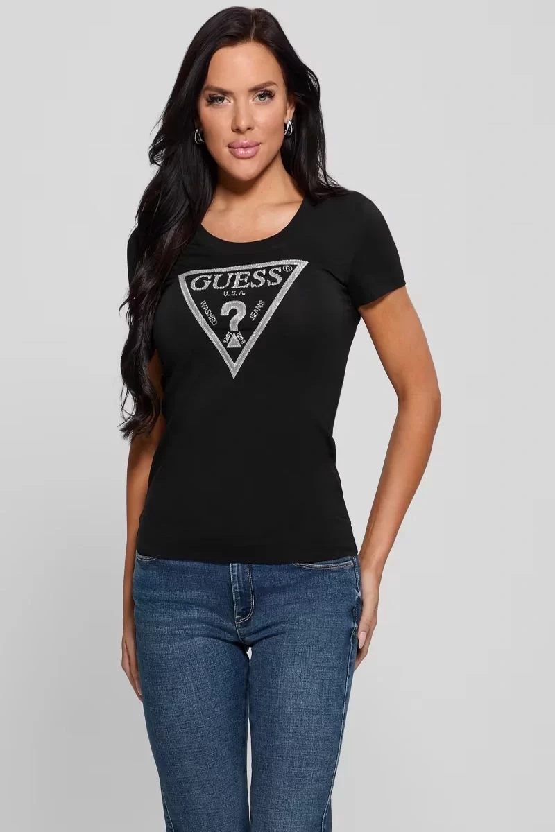 Guess Ss Cn Shıny Trıangle Tee Kadın Siyah T-Shirt W5RI11J1314-JBLK