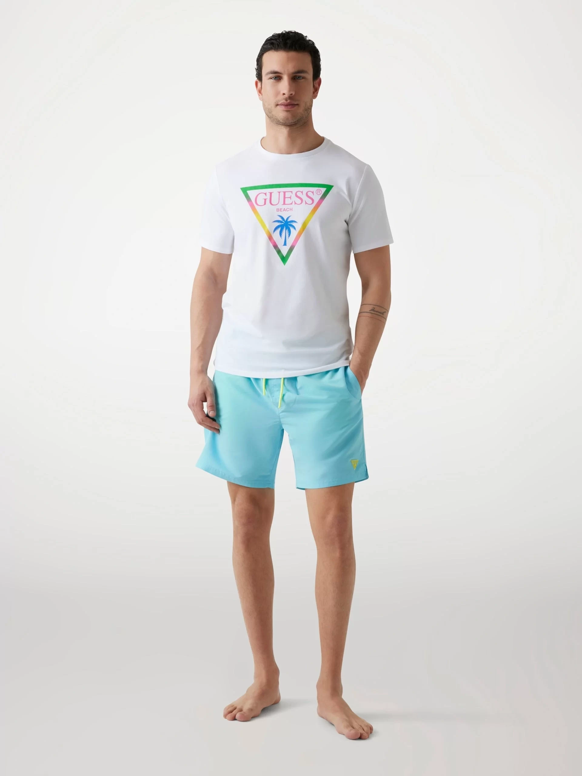Guess Ss Cn Trıangle Palm Tee Erkek Beyaz T-Shirt F5GI00J1314-G011