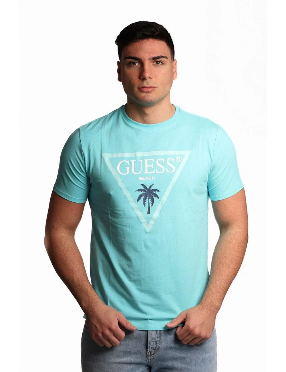 Guess Ss Cn Trıangle Palm Tee Erkek Mavi T-Shirt F5GI00J1314-A73B