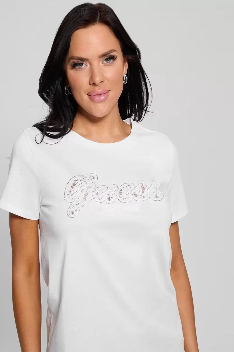 Guess Ss Scrıpt Lace Logo Easy Tee Kadın Beyaz T-Shirt W5RI08K9RM1-G011