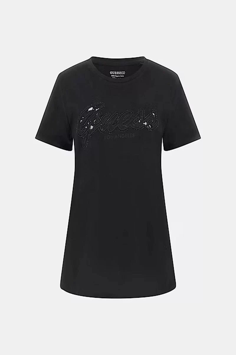Guess Ss Scrıpt Lace Logo Easy Tee Kadın Siyah T-Shirt W5RI08K9RM1-JBLK