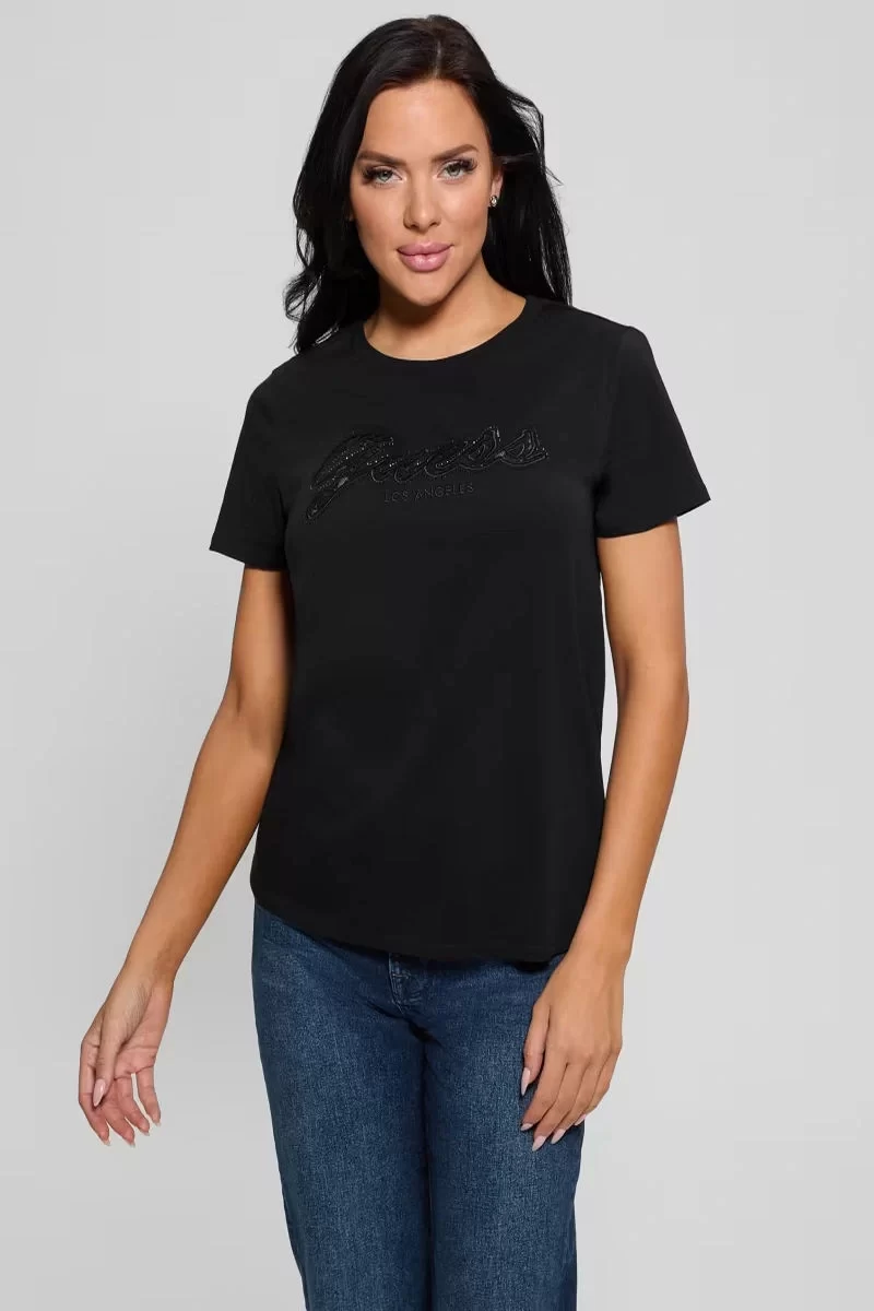 Guess Ss Scrıpt Lace Logo Easy Tee Kadın Siyah T-Shirt W5RI08K9RM1-JBLK