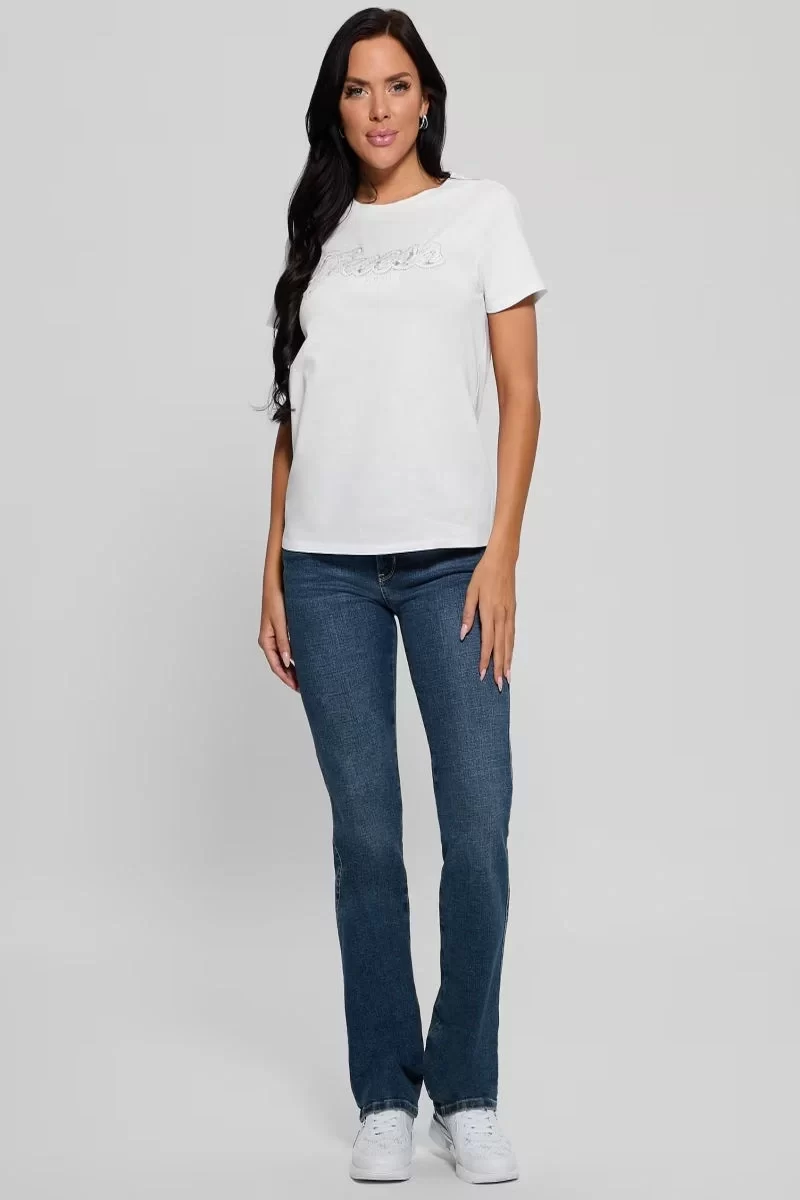 Guess Ss Scrıpt Lace Logo Easy Tee Kadın Beyaz T-Shirt W5RI08K9RM1-G011