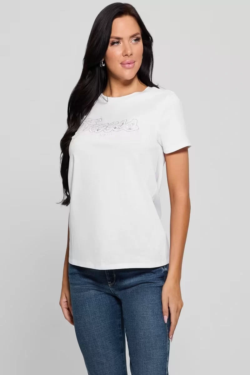 Guess Ss Scrıpt Lace Logo Easy Tee Kadın Beyaz T-Shirt W5RI08K9RM1-G011