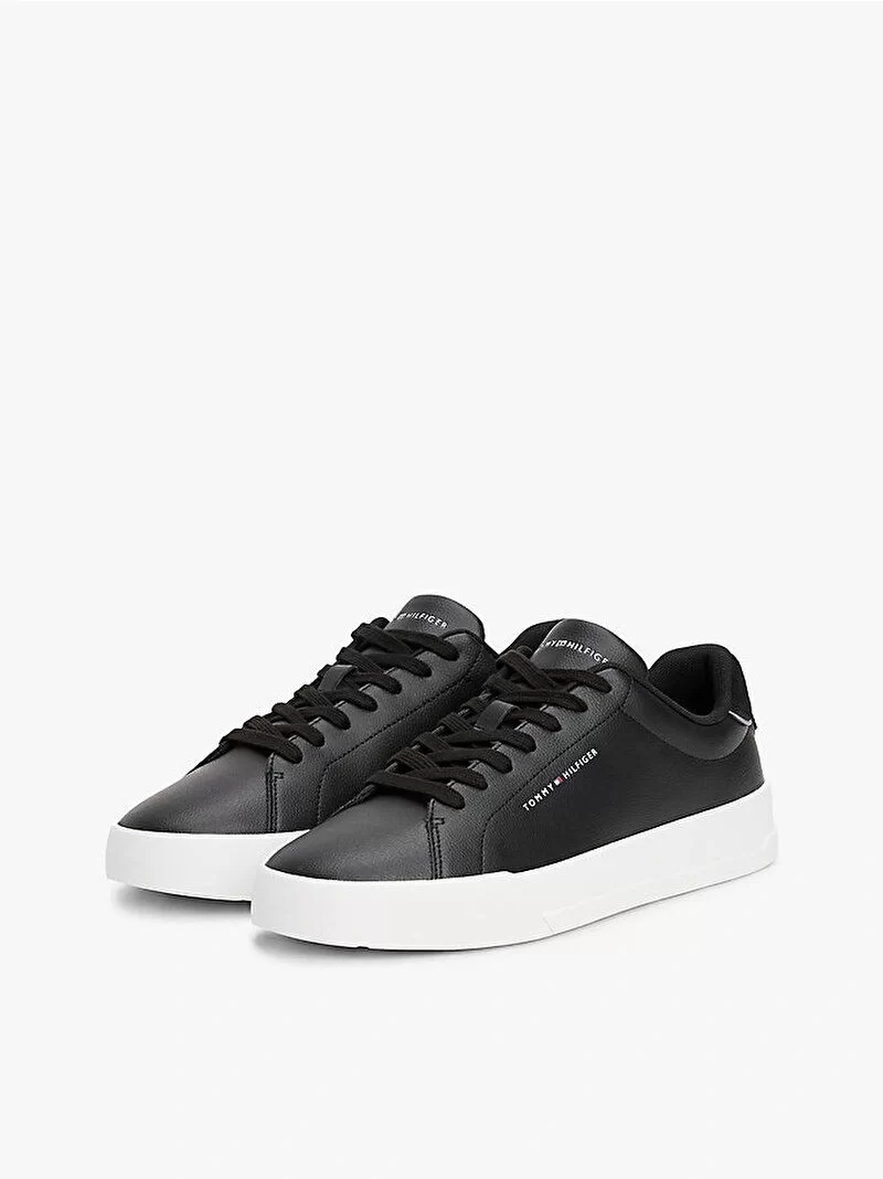 Tommy Hilfiger Erkek Siyah Court Deri Detaylı Sneaker