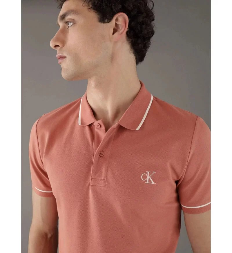 Calvin Klein Erkek Şeritli Logolu Turuncu Polo Yaka T-shirt