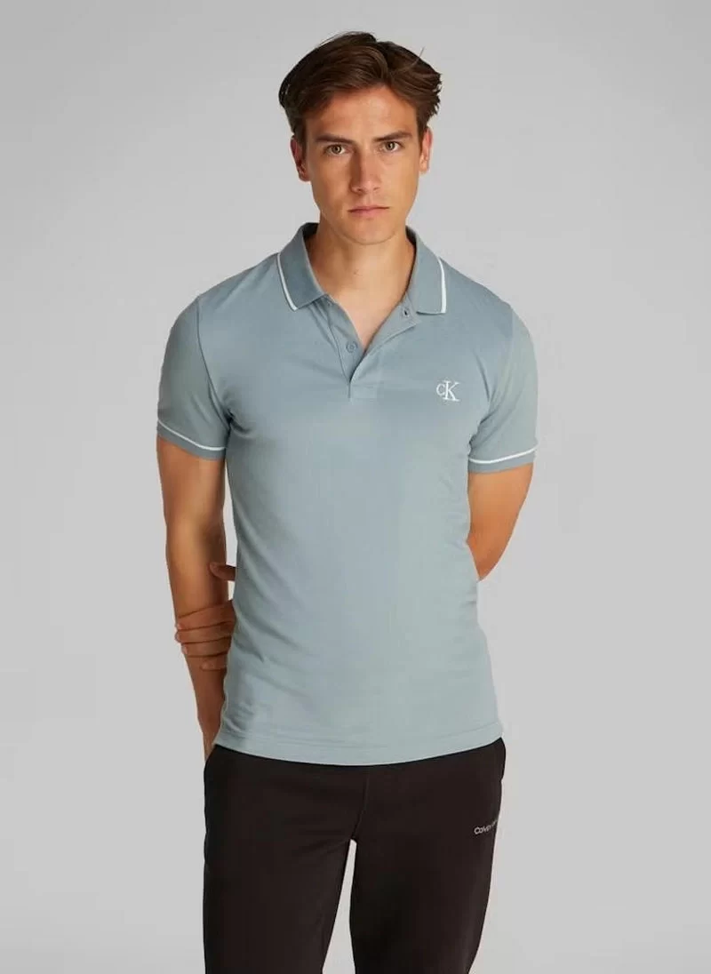 Calvin Klein Erkek Şeritli Logolu Mavi Polo Yaka T-shirt