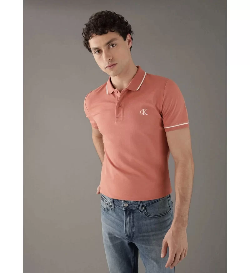 Calvin Klein Erkek Şeritli Logolu Turuncu Polo Yaka T-shirt