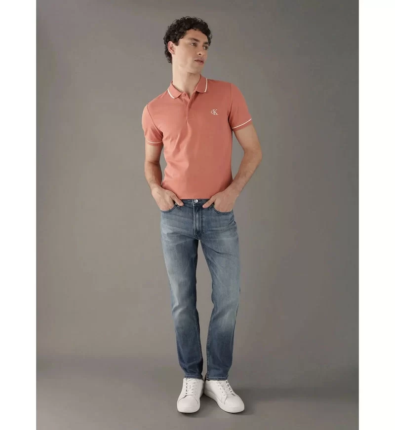 Calvin Klein Erkek Şeritli Logolu Turuncu Polo Yaka T-shirt