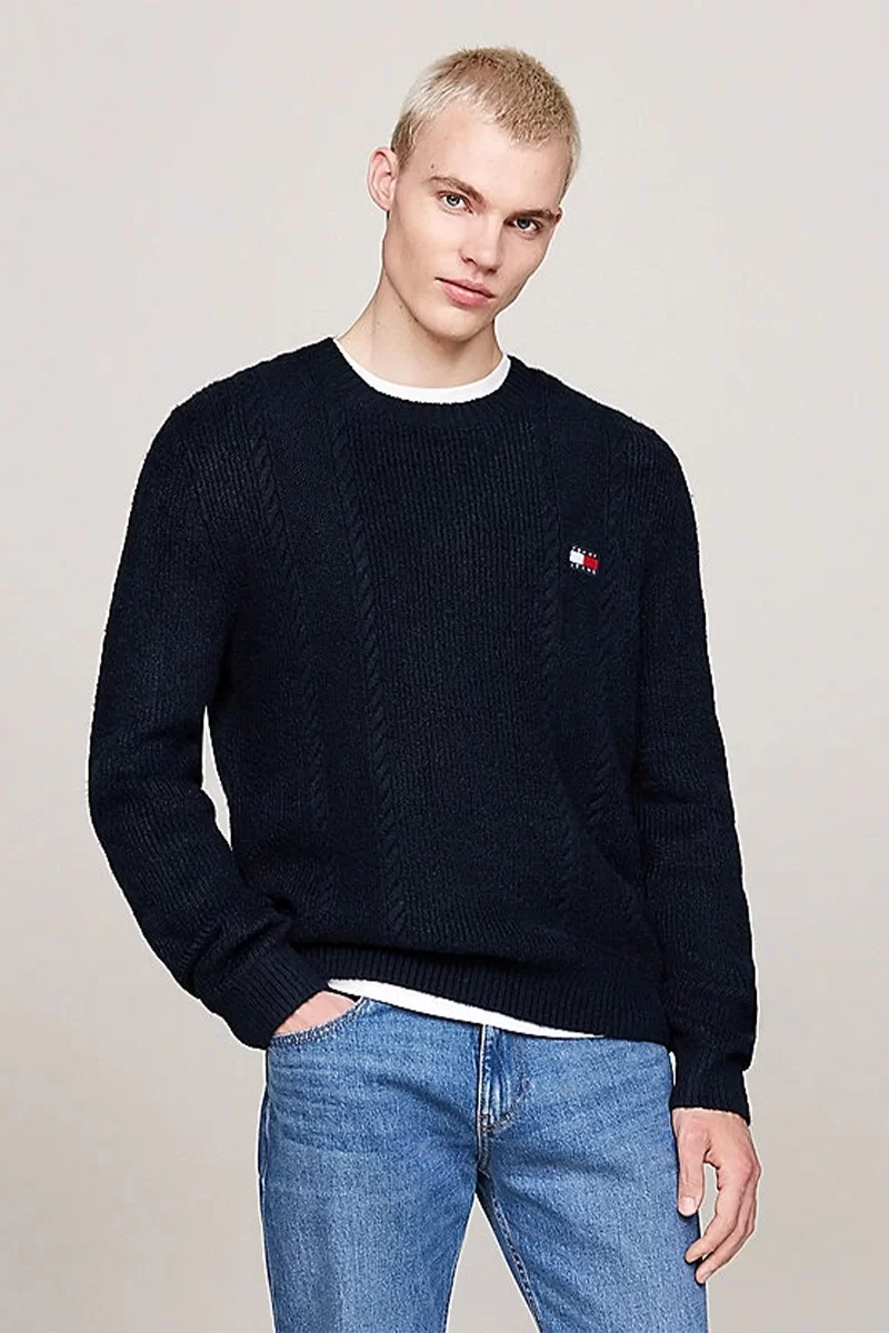 Tommy Jeans Erkek Yuvarlak Yaka İnce Siyah Kazak