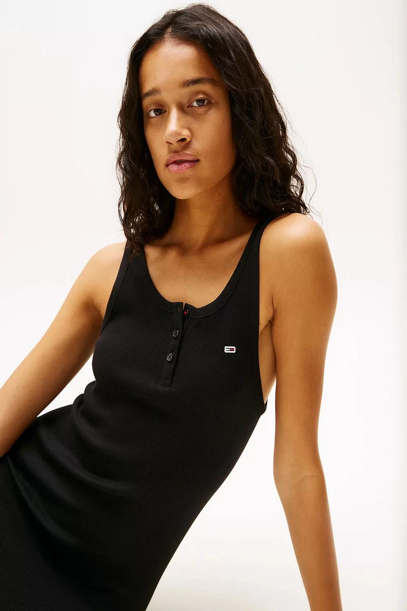 Tommy Hilfiger Kadın Kaburgalı Midi Dar Siyah Elbise