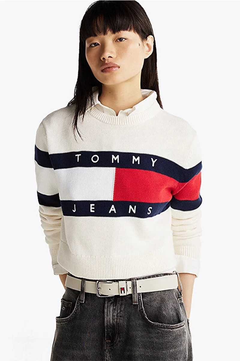 Tommy Hilfiger Kadın Renk Bloklu Bej Bayrak Kazak