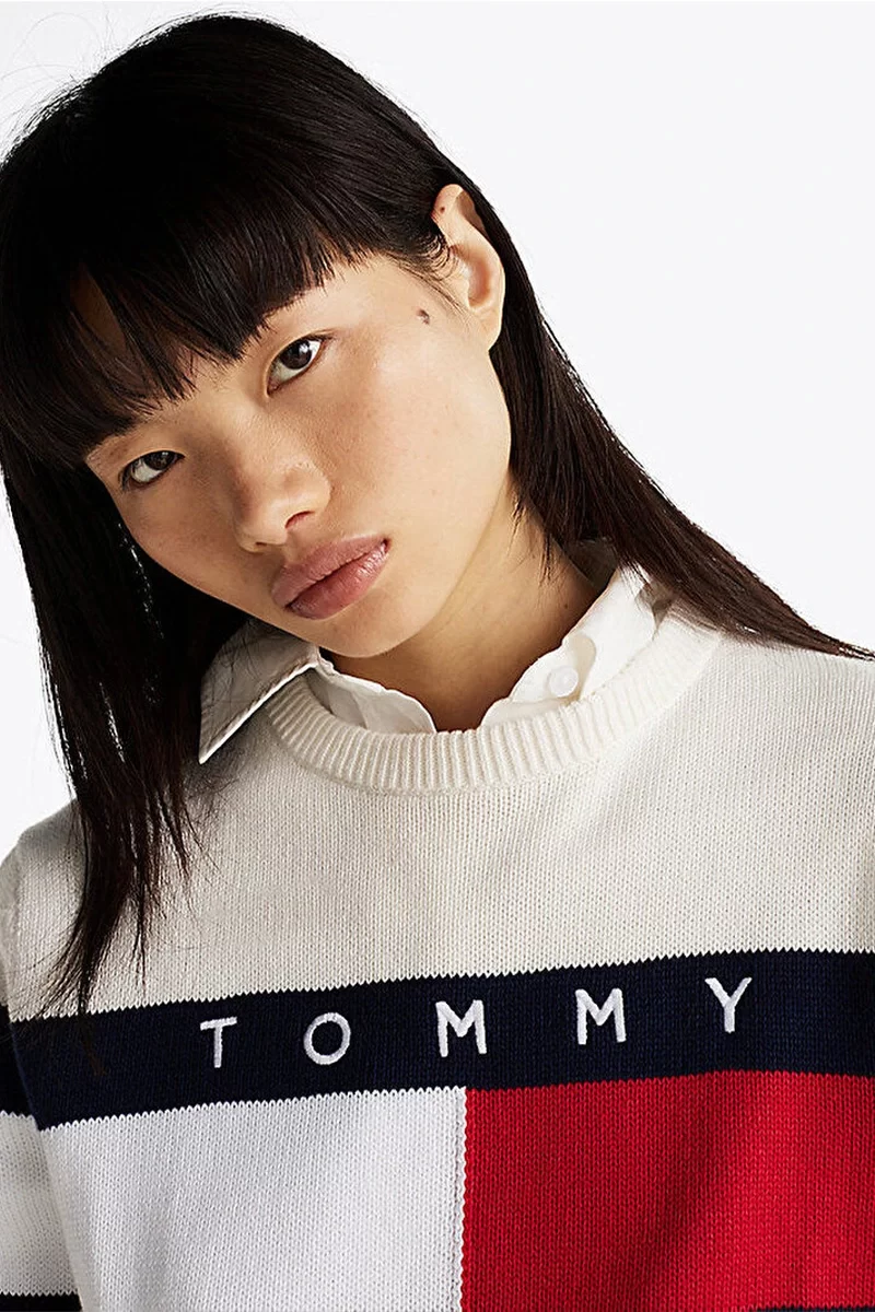 Tommy Hilfiger Kadın Renk Bloklu Bej Bayrak Kazak