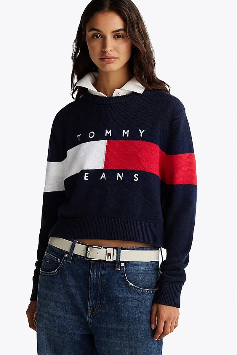 Tommy Hilfiger Kadın Renk Bloklu Lacivert Bayrak Kazak