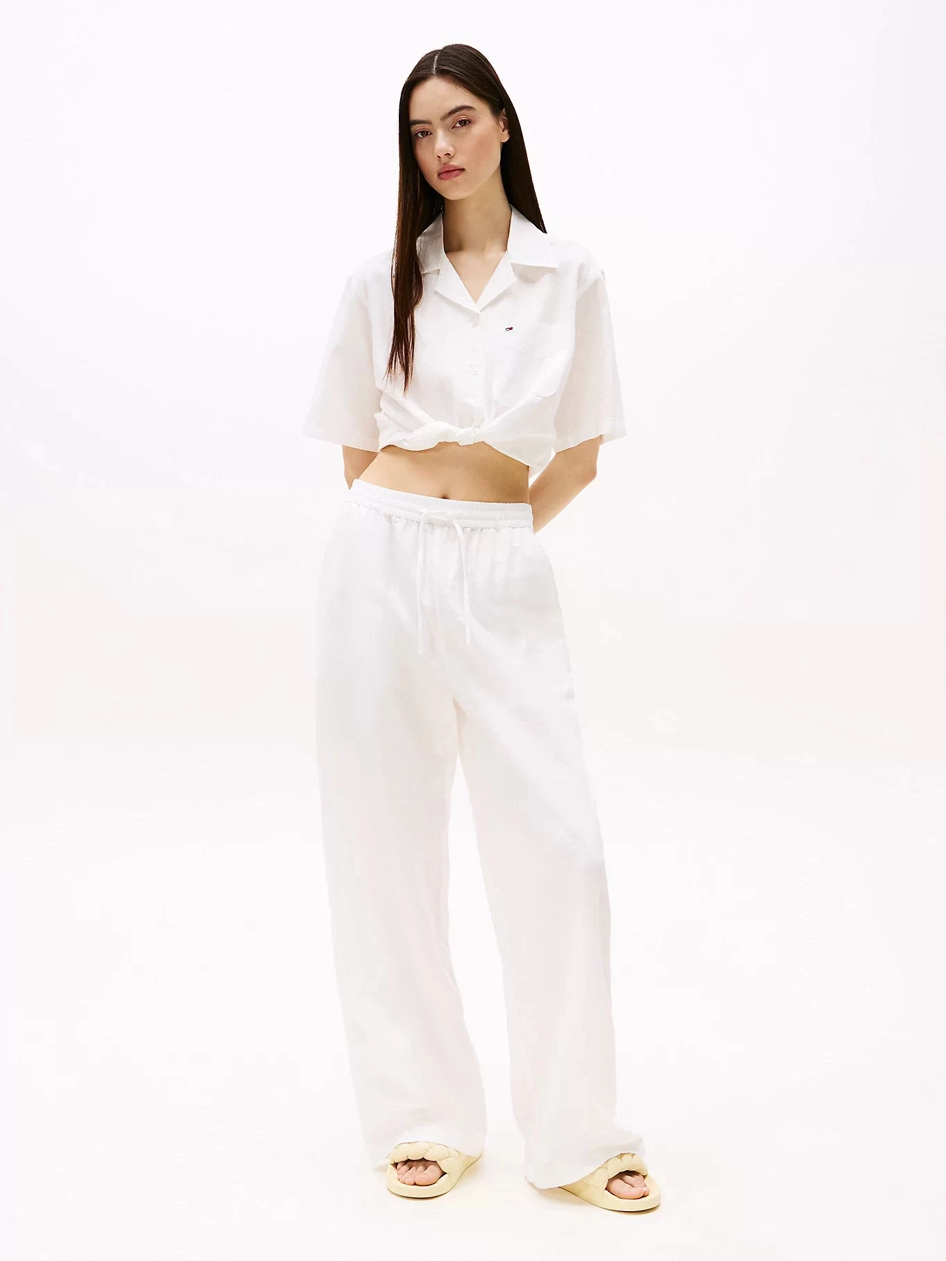 Tommy Hilfiger Kadın Beyaz Kısa Kollu Keten Kısa Gömlek