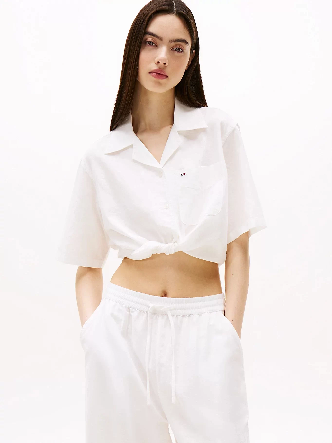 Tommy Hilfiger Kadın Beyaz Kısa Kollu Keten Kısa Gömlek