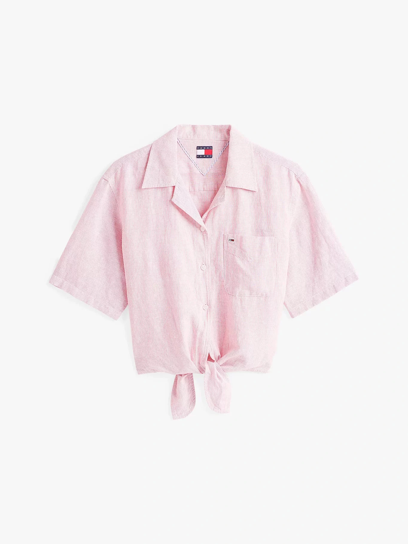 Tommy Jeans Kadın Pembe Cropped Keten Kısa Kollu Gömlek