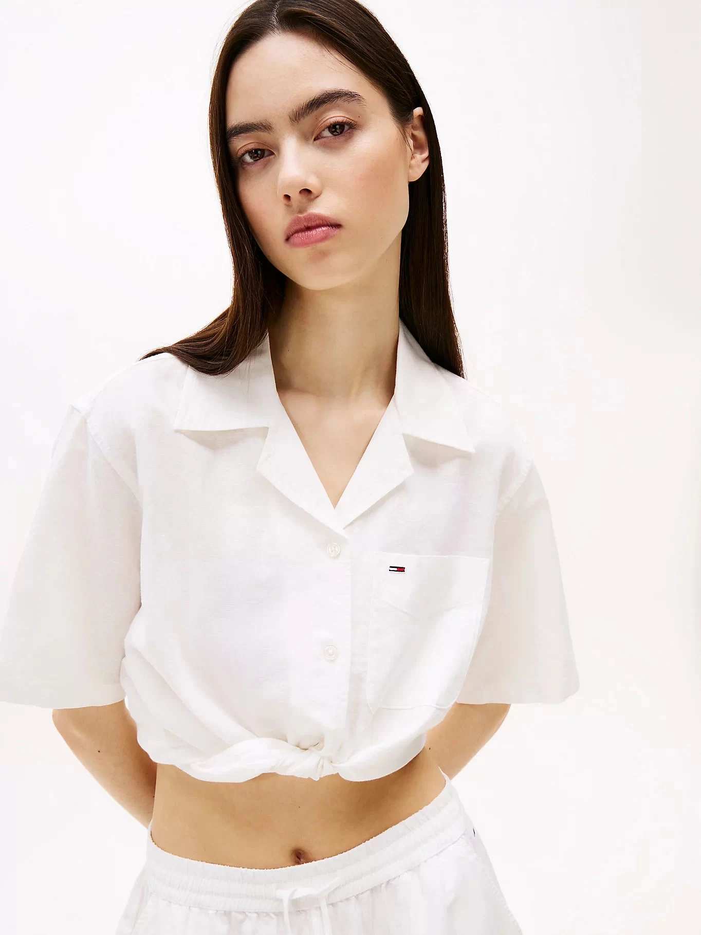 Tommy Hilfiger Kadın Beyaz Kısa Kollu Keten Kısa Gömlek
