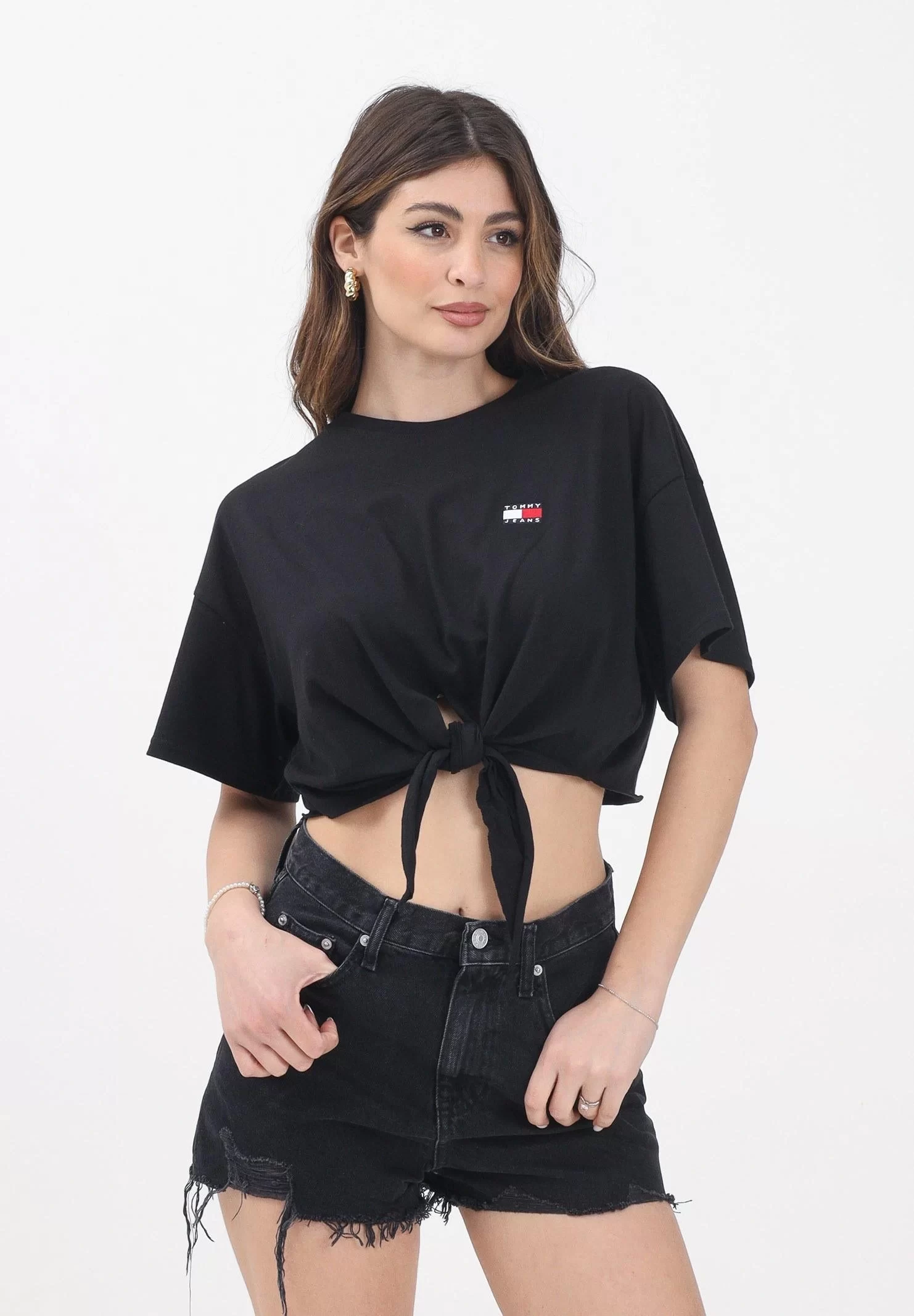 Tommy Jeans Kadın Siyah Düğüm Detaylı Logolu Tişört