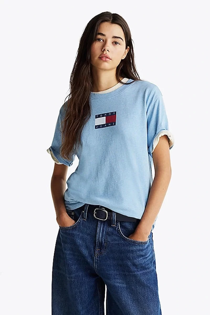 Tommy Hilfiger Kadın Mavi Logolu Rahat Kesim T-Shirt