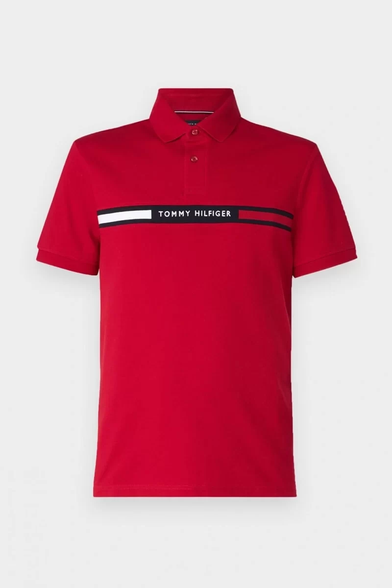 Tommy Hilfiger Erkek Kırmızı Polo Yaka Şerit Logo T-Shirt