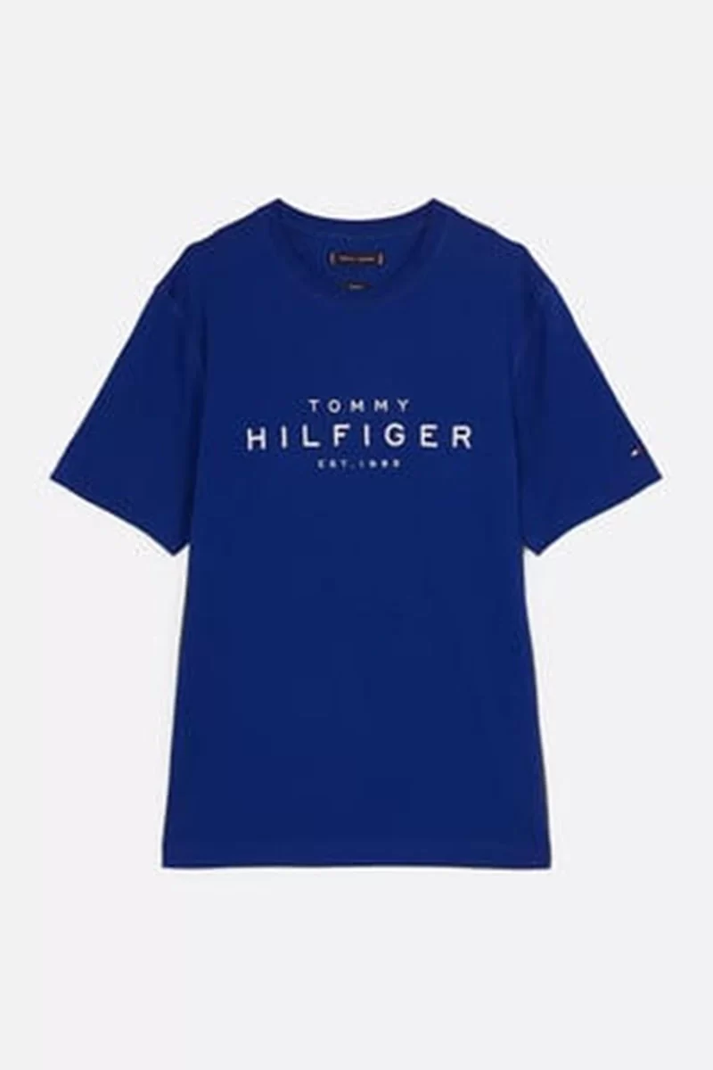 Tommy Hilfiger Erkek Mavi Logo Yuvarlak Yaka T-Shirt