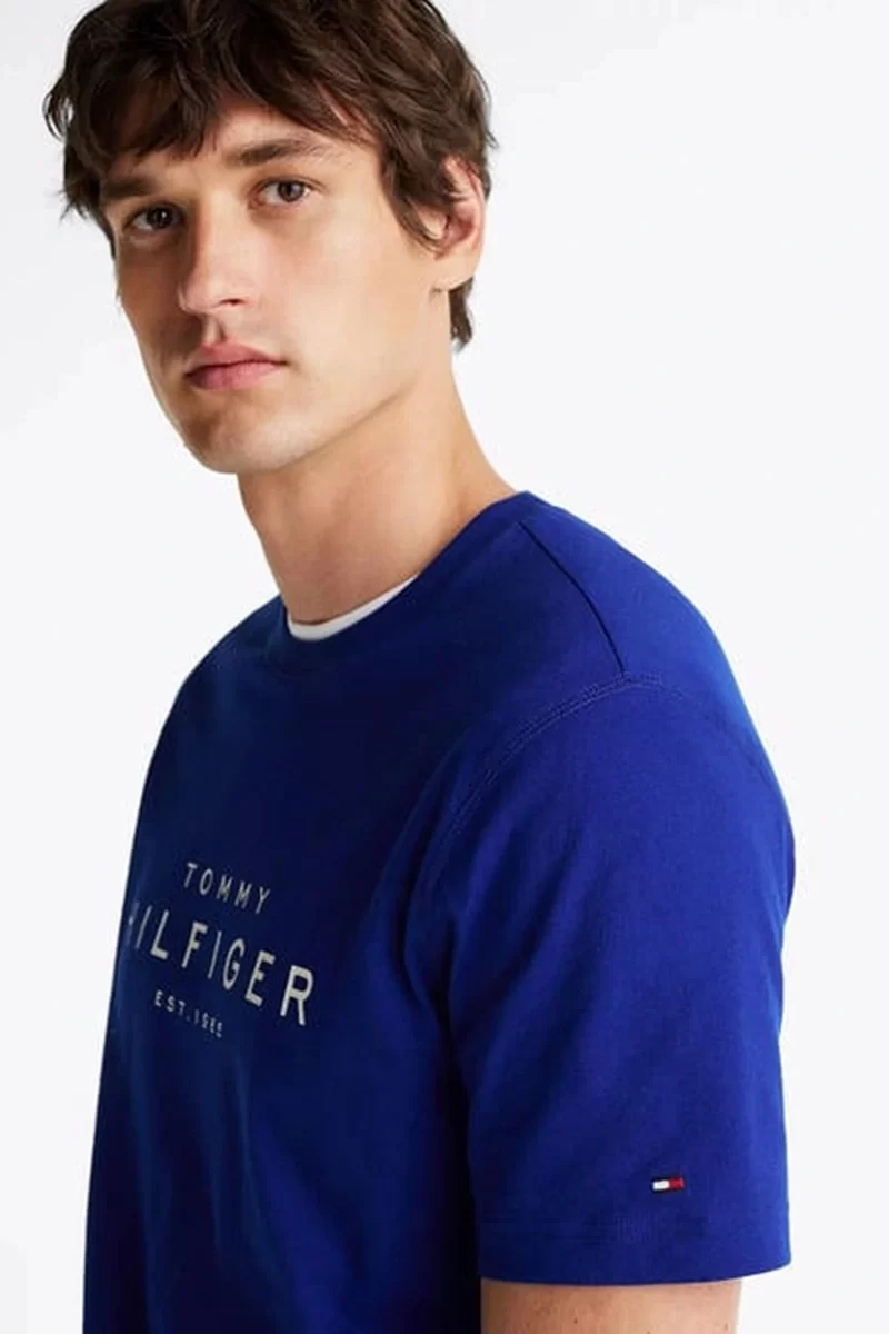 Tommy Hilfiger Erkek Mavi Logo Yuvarlak Yaka T-Shirt