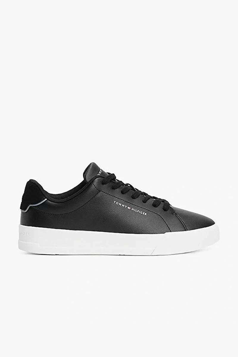 Tommy Hilfiger Erkek Siyah Court Deri Detaylı Sneaker