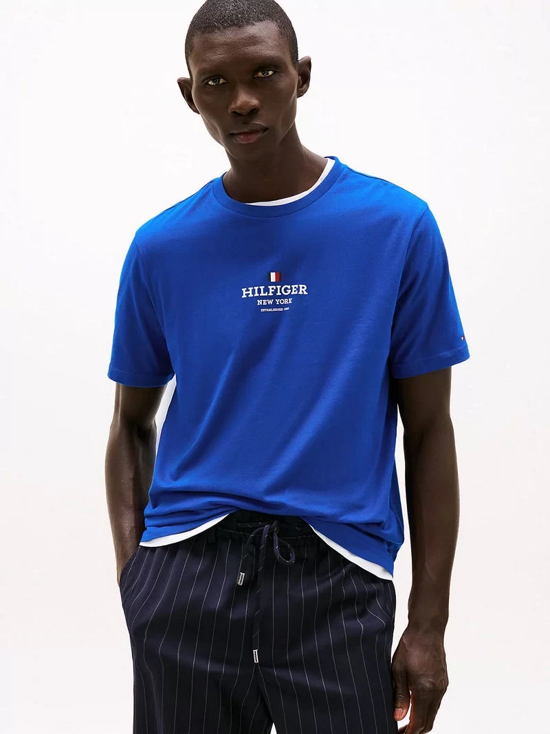 Tommy Hilfiger Erkek   Bisiklet  Yaka Logolu  Mavi Tişört