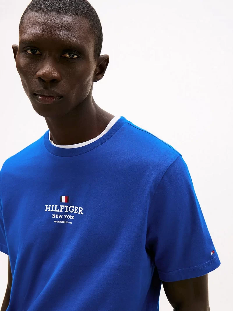Tommy Hilfiger Erkek   Bisiklet  Yaka Logolu  Mavi Tişört
