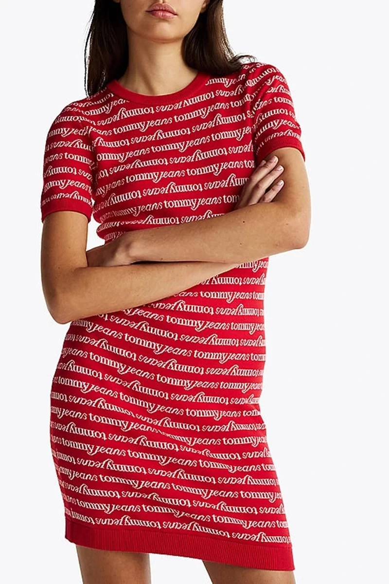 Tommy Hilfiger Kadın Kırmızı Baskılı Mini Kazak Elbise