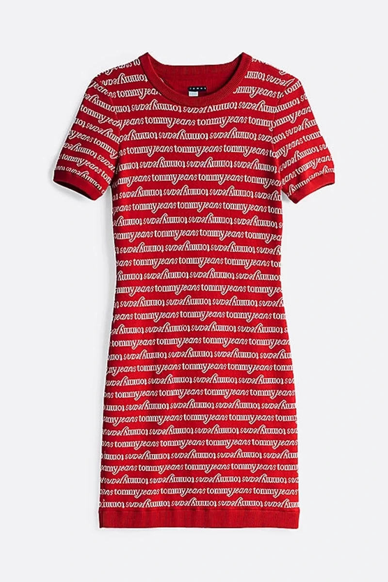 Tommy Hilfiger Kadın Kırmızı Baskılı Mini Kazak Elbise