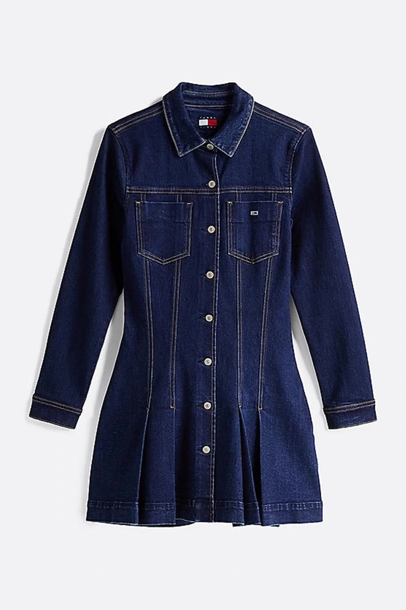 Tommy Hilfiger Kadın Lacivert Pileli Kot Mini Elbise