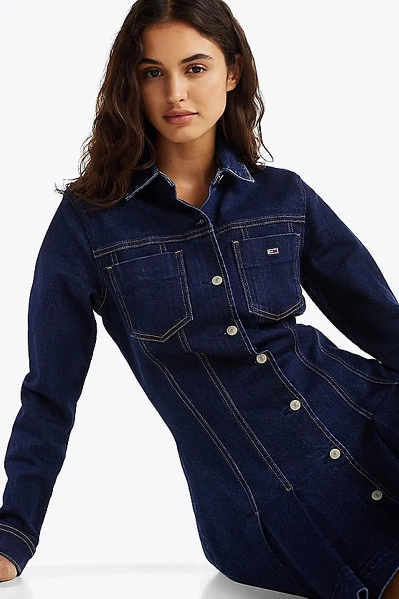 Tommy Hilfiger Kadın Lacivert Pileli Kot Mini Elbise
