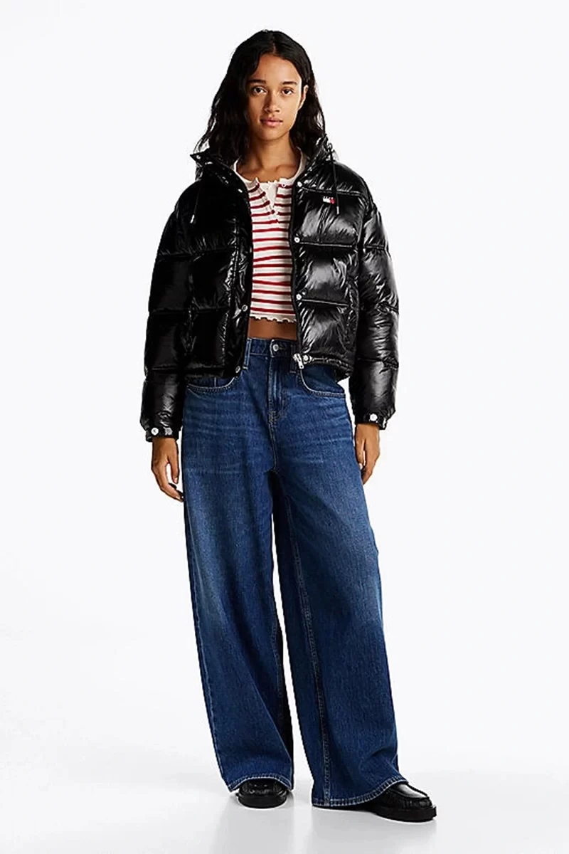 Tommy Hilfiger Kadın Siyah Parlak Kapşonlu Şişme Mont