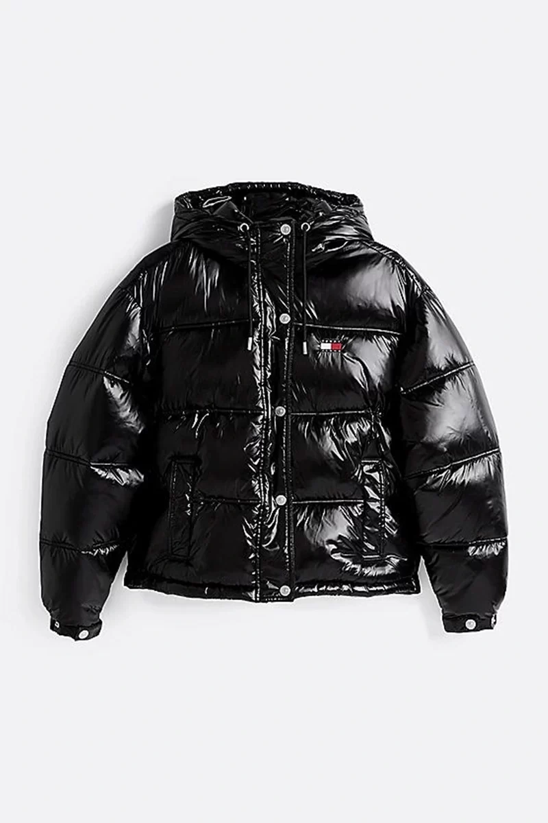Tommy Hilfiger Kadın Siyah Parlak Kapşonlu Şişme Mont