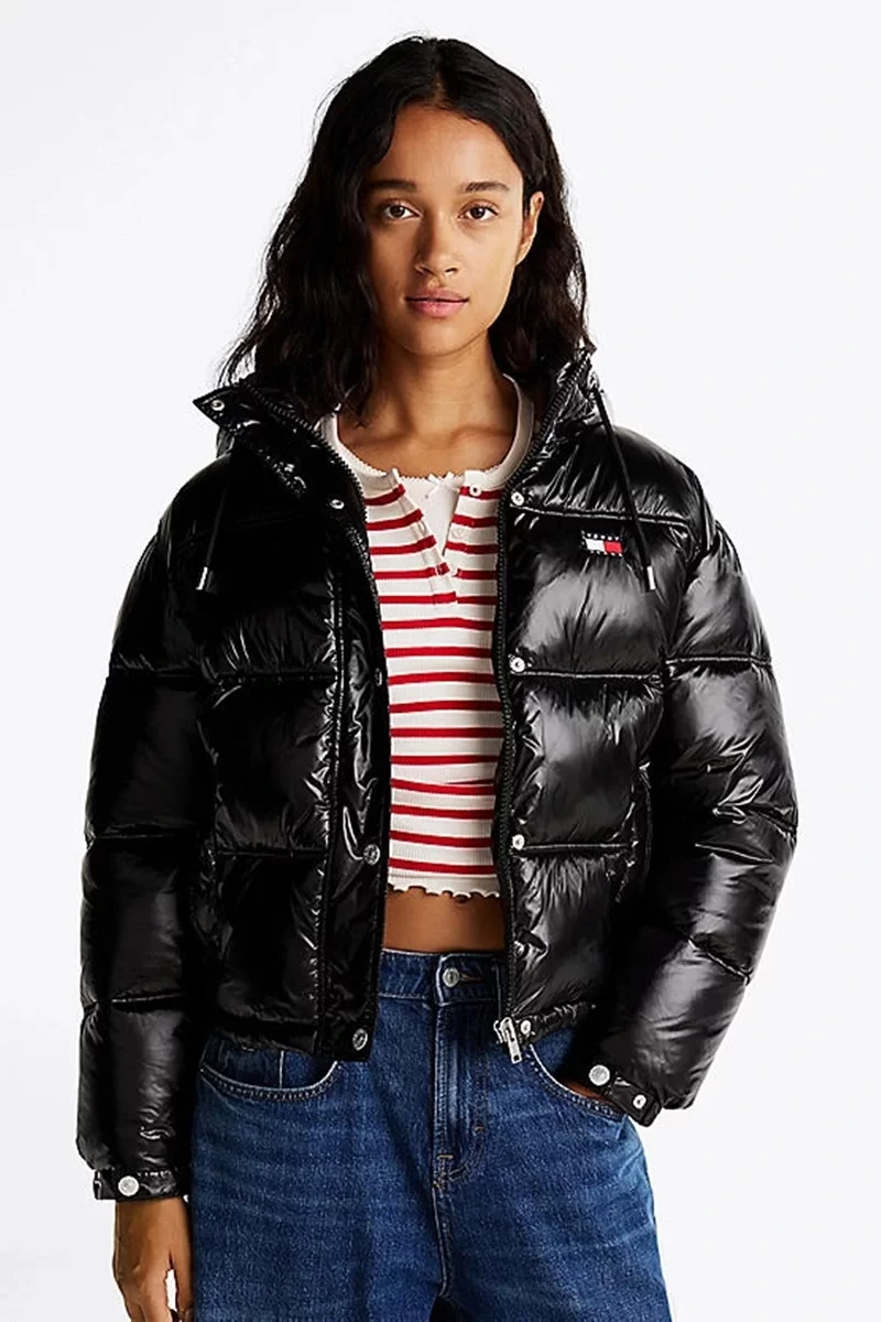 Tommy Hilfiger Kadın Siyah Parlak Kapşonlu Şişme Mont