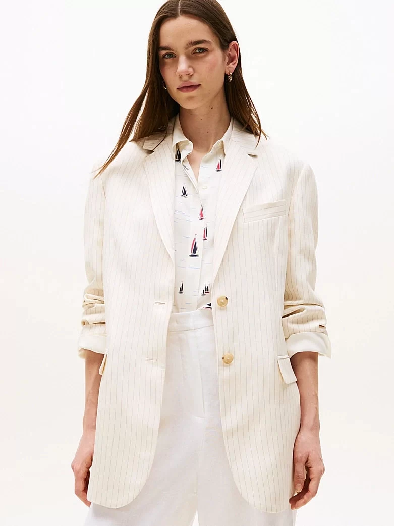 Tommy Hilfiger Kadın Bej Keten Karışımlı Blazer Ceket
