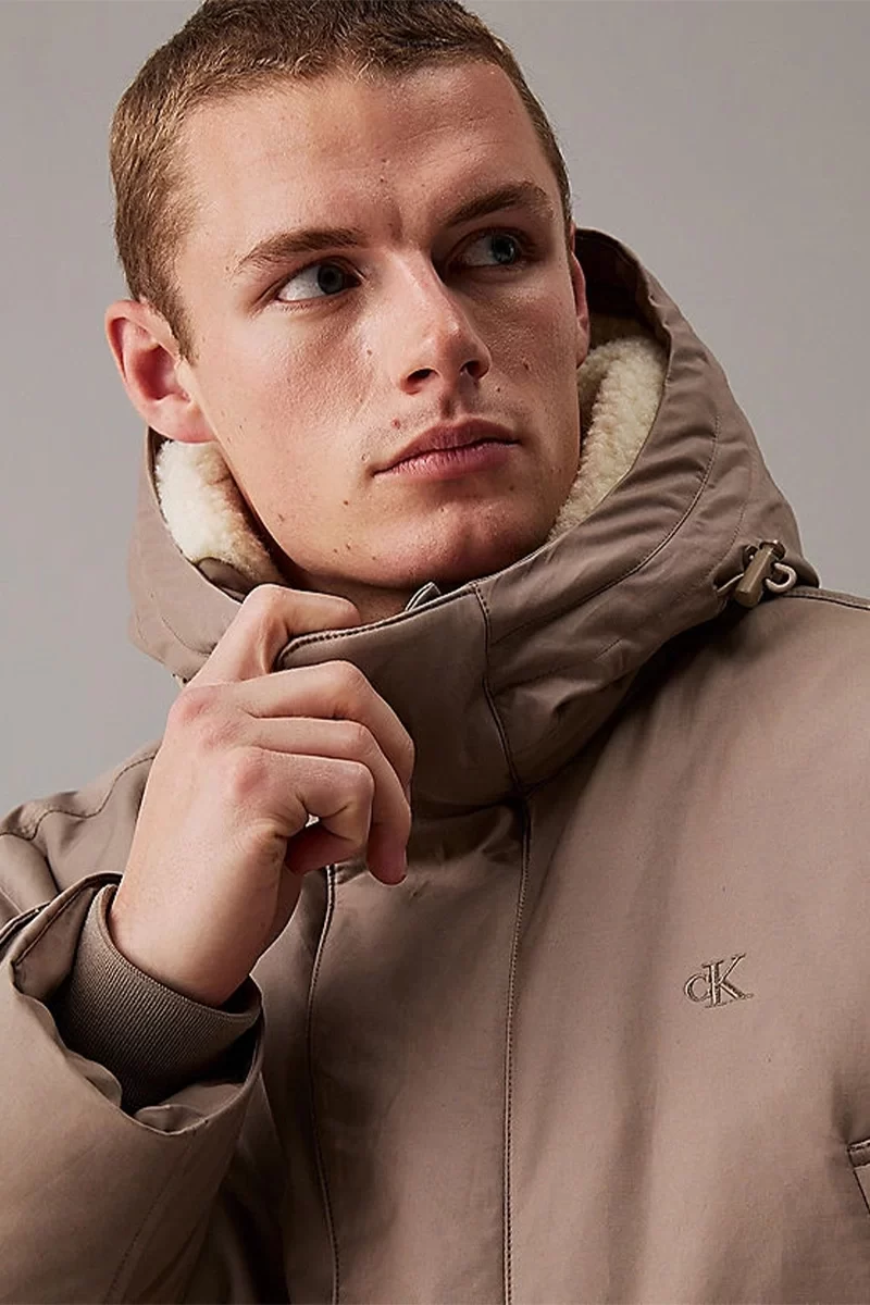 Calvin Klein Erkek Gri  Pamuklu  Kapüşonlu Uzun Mont