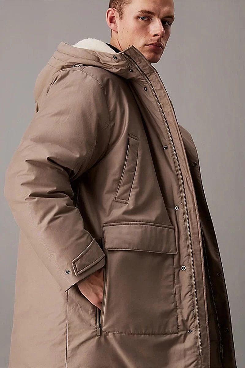 Calvin Klein Erkek Gri  Pamuklu  Kapüşonlu Uzun Mont