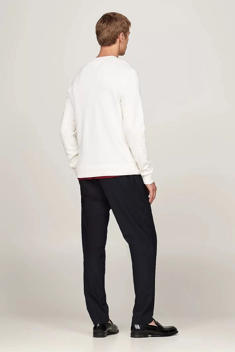 Tommy Hilfiger Erkek Logolu Bisiklet Yaka Beyaz Kazak