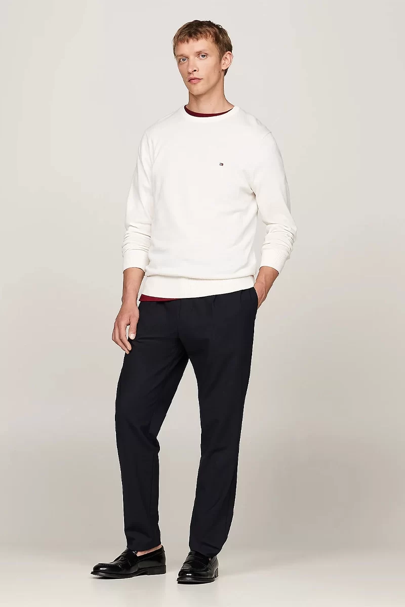 Tommy Hilfiger Erkek Logolu Bisiklet Yaka Beyaz Kazak
