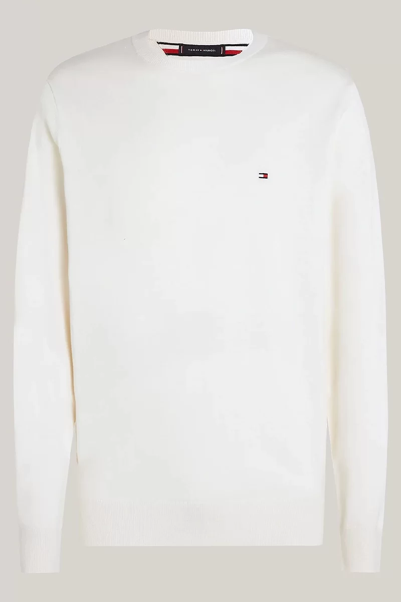 Tommy Hilfiger Erkek Logolu Bisiklet Yaka Beyaz Kazak
